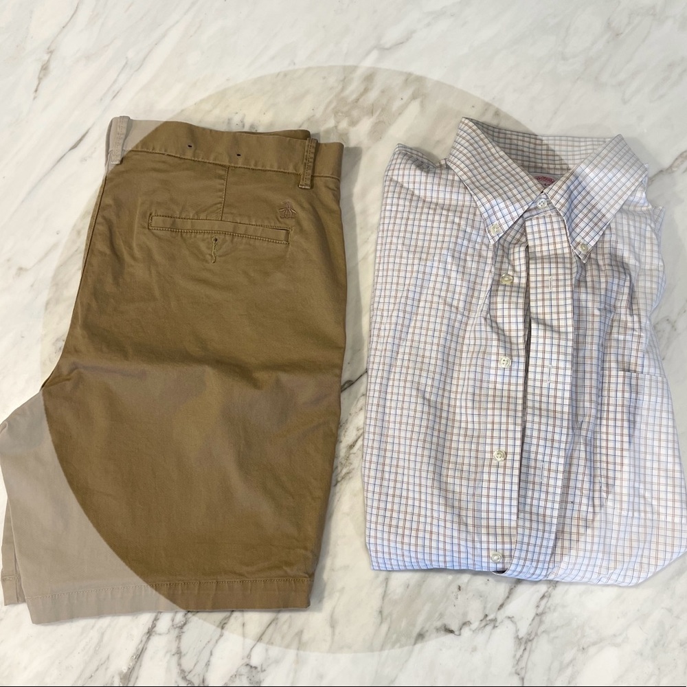 BROOKS BROTHERS TAN PLAID ORIGINAL POLO SHIRT. NON IRON. REGULAR FIT.